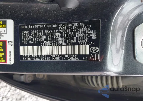 2013 Toyota Corolla S из США, поврежденный, VIN 2T1BU4EE2DC104378